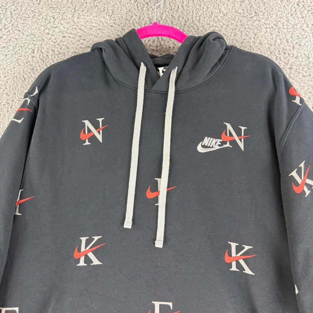 Nike Hoodie Mens XL Black All Over Swoosh Logo Print Pullover DV9601-011 Fleece